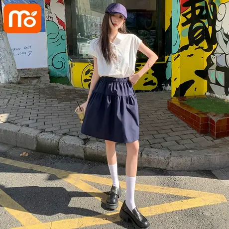 藏青色五分半身裙女夏季薄2025新款高腰显瘦a字运动短裙小个子商品大图