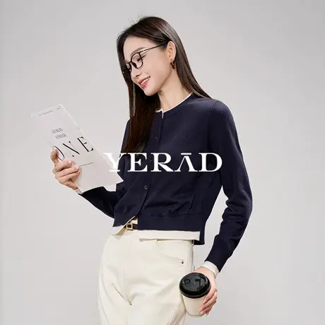 娅丽达设计感撞色长袖圆领针织开衫女2025秋季新款毛衣蓝色短外套商品大图