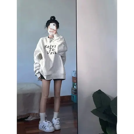 美式复古无帽卫衣女早秋2025新款爆款宽松慵懒风加绒加厚圆领上衣商品大图