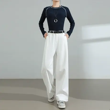 高级感棉麻阔腿裤女2024春秋新款高腰宽松休闲垂感白色直筒西装裤商品大图