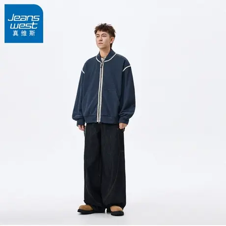 N5真维斯男士开衫卫衣2025秋季新款美式宽松翻领上衣男生春秋外套商品大图