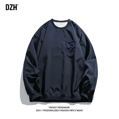 男士藏青色卫衣男春秋季圆领潮牌长袖纯色上衣宽松男装2023年新款商品大图