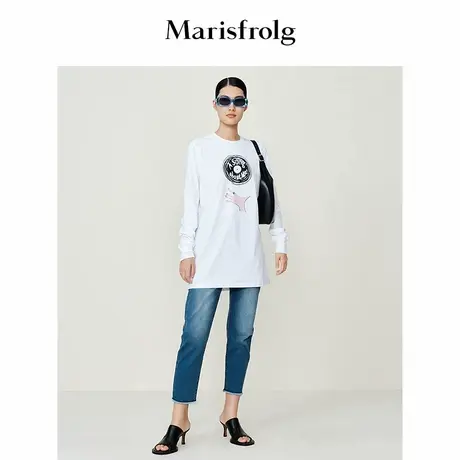 【商场同款】Marisfrolg玛丝菲尔冬季新款白色纯棉印花长袖T恤女商品大图