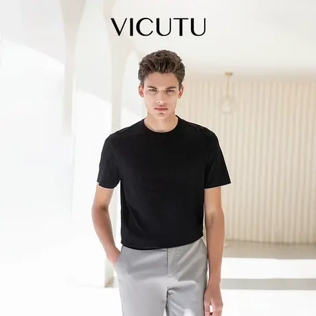 VICUTU威可多男士短袖T恤夏季款舒适凉爽休闲百搭黑色圆领半袖商品大图