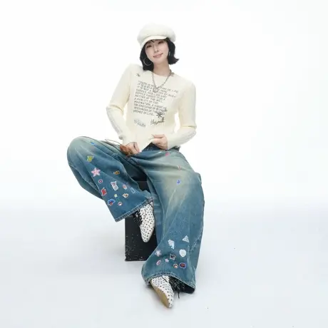 美式复古印花短款绞花针织毛衣女秋季新款修身正肩外穿内搭上衣商品大图