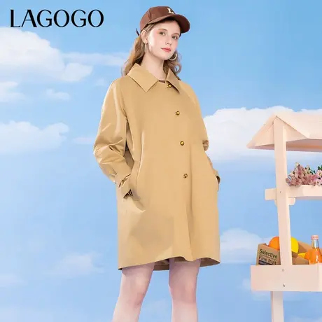 LAGOGO驼色中长款风衣女拉谷谷2024年春季新款复古休闲小个子外套商品大图