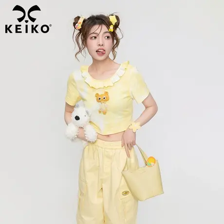 环保扎染黄色纯棉短款正肩t恤女短袖2023夏辣妹露脐性感修身上衣商品大图