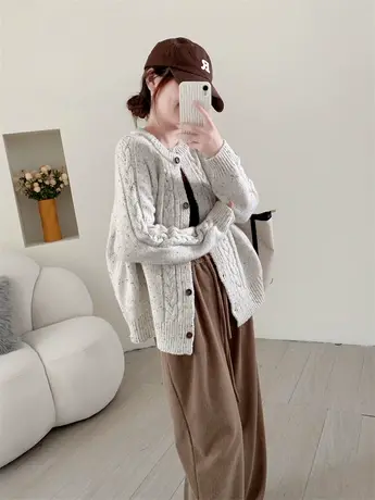 设计感圆领麻花杂色毛衣外套女秋冬新款宽松复古软糯针织开衫上衣商品大图