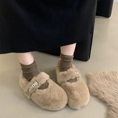 仙女风水貂毛毛鞋女外穿2023冬季新款保暖平底棉单鞋女加绒豆豆鞋商品大图