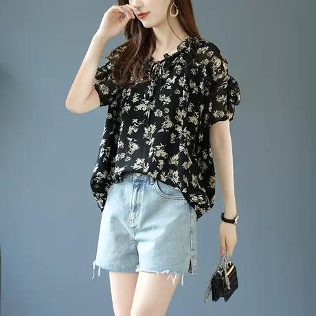宝诗黎木耳边系带雪纺衫短袖碎花小衫女装2023年夏季新款宽松上衣图片