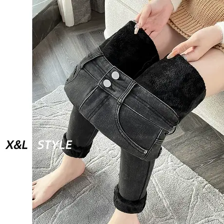 灰色加绒小脚牛仔裤女秋冬2023新款高腰修身弹力显瘦紧身铅笔裤子商品大图