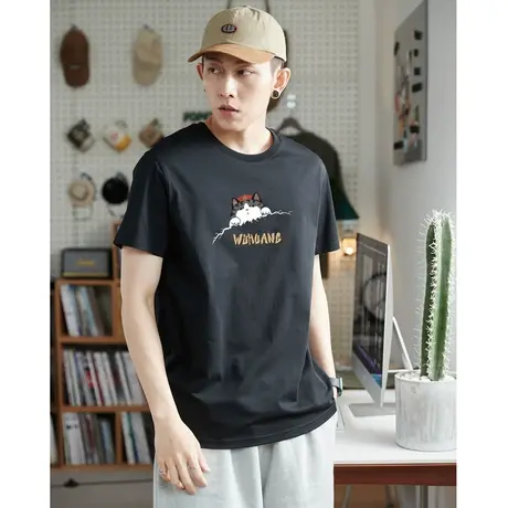 [吾皇猫联名]唐狮趣味印花纯棉短袖t恤男夏季休闲宽松圆领衣服商品大图