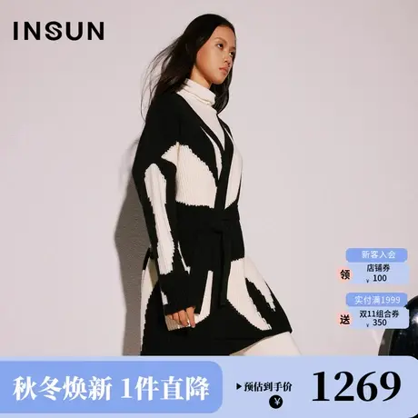 恩裳COVER2023冬装新款时尚大气黑白几何提花宽松羊毛针织衫外套商品大图