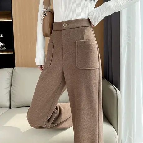 高腰毛呢羊绒阔腿裤女冬季卡其色高腰宽松直筒加厚垂感拖地休闲裤图片