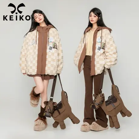KEIKO [高端立体剪绒格] 夹棉羊羔毛棉服女冬季毛绒拼色连帽外套商品大图