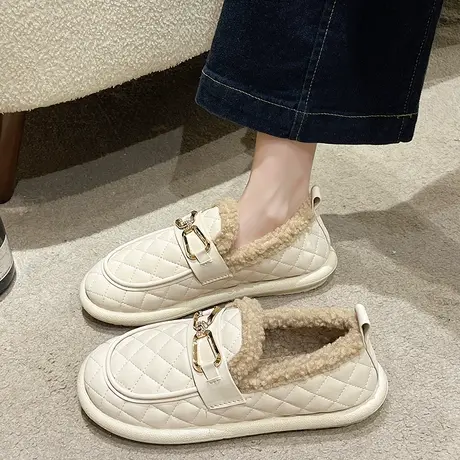 懒人一脚蹬面包鞋女2023年秋冬新款乐福鞋休闲百搭加绒平底雪地棉商品大图