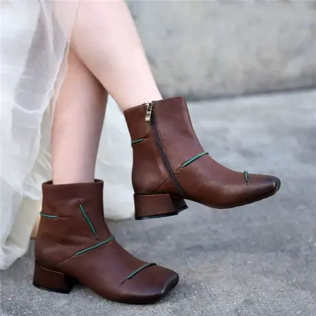 Artmu阿木【断码清仓】复古女士真皮方头短靴女粗中跟女靴子图片