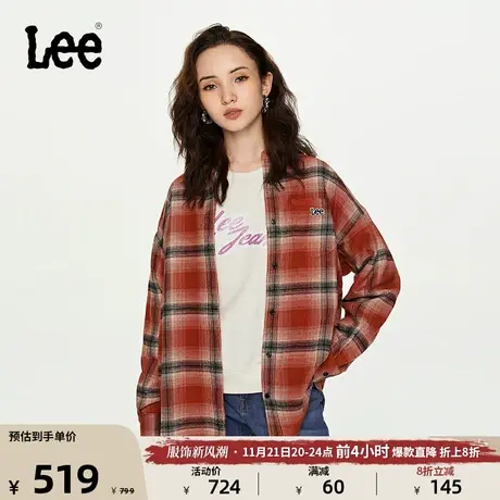 Lee商场同款23秋冬新品Oversize红褐色法兰绒格纹女款长袖衬衫潮图片