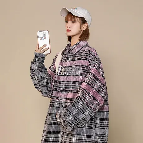 渐变色格子衬衫女春秋2023年新款复古衬衣宽松oversize长袖上衣潮图片