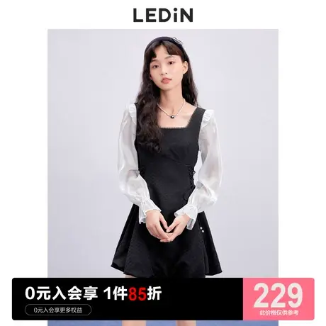 乐町方领拼接连衣裙休闲秋季新款雪纺系带收腰富贵千金小黑裙图片