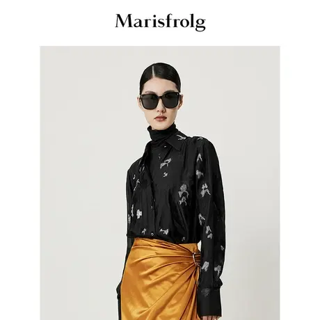 【自然质感面料】玛丝菲尔春装新款立体提花黑色碎花翻领长袖衬衫商品大图