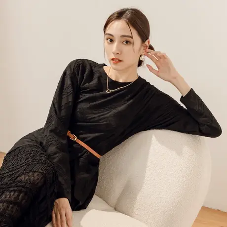 桔熊春秋季通勤肌理感下摆开衩长袖修身中长款上衣女大码AB17545商品大图