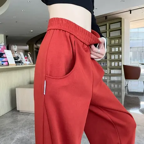 红色运动休闲裤女春秋卫裤宽松直筒显瘦高腰工装阔腿裤ins高街潮图片
