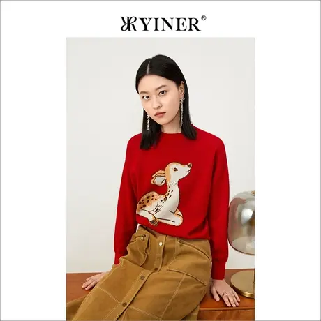 YINER音儿女装2022春季新款亮片梅花鹿印花针织衫套头商品大图