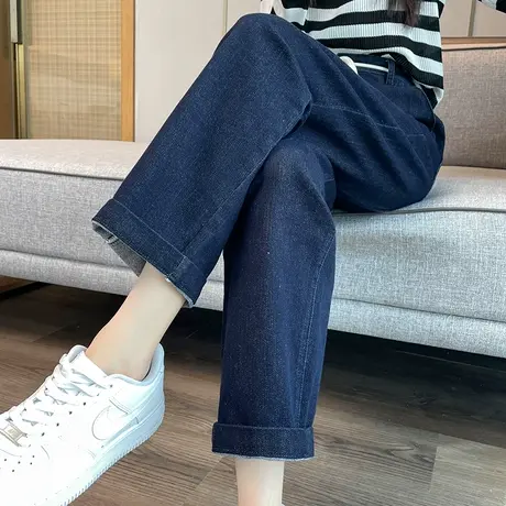 蓝色老爹牛仔裤女2023年秋季新款高腰显瘦宽松显瘦萝卜挽边哈伦裤商品大图
