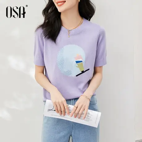 OSA欧莎香芋紫薄款透气提花短袖针织衫女夏季2023年新款显瘦上衣图片