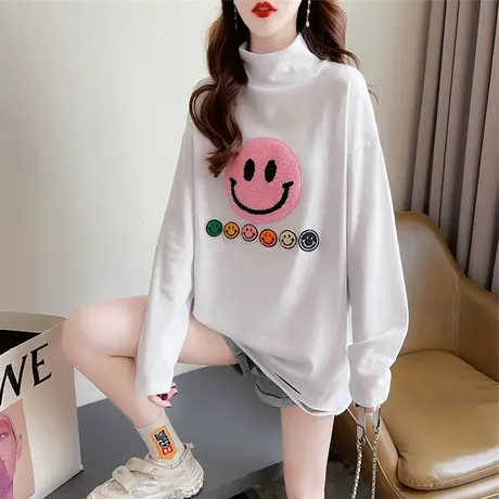 长袖t恤女秋冬季韩版宽松大码女装中长款加绒加厚德绒打底衫上衣商品大图