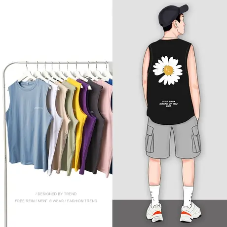 背心男潮内搭坎肩小雏菊运动无袖T恤夏季外穿上衣情侣宽松打底衫图片