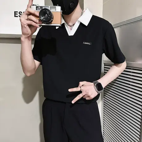夏季男士时尚休闲百搭男polo衫新款夏天设计感撞色领短袖t恤上衣图片