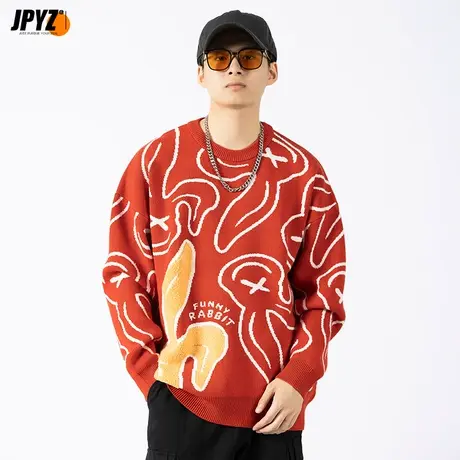 慵懒风恶魔兔刺绣圆领毛衣国潮牌宽松秋冬季情侣长袖针织衫外套男图片