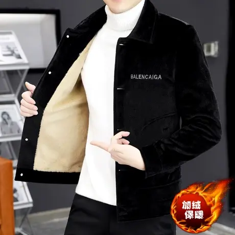 毛呢夹克外套男士水貂绒保暖冬装衣服潮新款加绒加厚呢子短款风衣商品大图