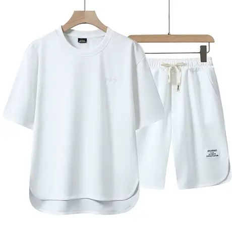 纯色丅恤男士夏季潮牌冰丝宽松短袖t恤短裤一套搭配运动衣服套装商品大图