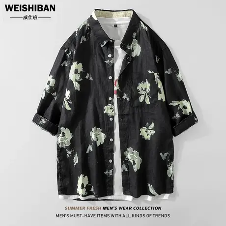 日系复古亚麻七分袖衬衫男港风ins沙滩潮流薄款透气棉麻休闲衬衣商品大图