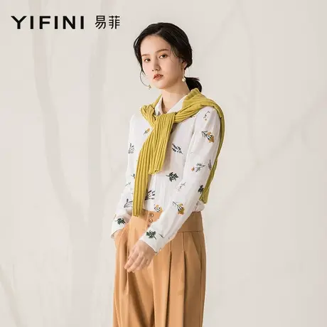 Yifini/易菲文艺绣花白色长袖衬衫女春秋新款小清新经典版型衬衣商品大图