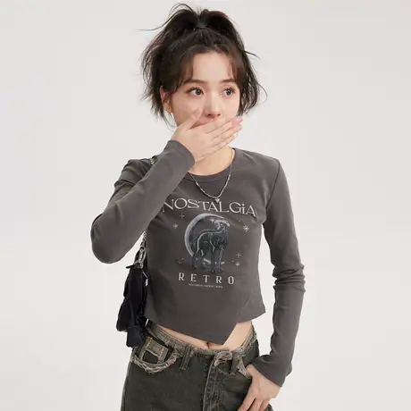 尔给修身打底衫内搭不规则显瘦长袖美式辣妹短款上衣女春秋款t恤图片