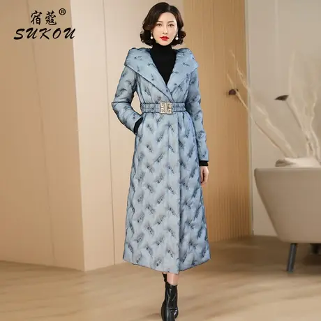 简约米蓝色羽绒服2024年冬装新款收腰带帽保暖白鸭绒长款保暖外套图片