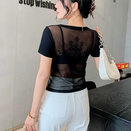 性感透视美背T恤女短袖2023夏装新款网纱拼接洋气上衣短款小衫ins商品大图