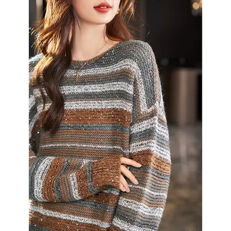 宝诗黎圆领条纹亮片慵懒宽松毛衣春季时尚长袖针织衫上衣2024新款商品大图