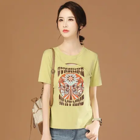 韩潮袭人圆领印花休闲短袖T恤女2023夏新款拼接镂空正肩体恤上衣图片