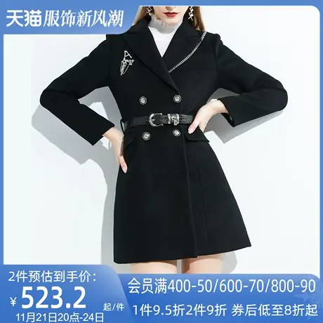 AUI赫本风黑色毛呢西装外套女2024秋冬新款小个子中长款呢子大衣图片