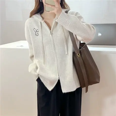 连帽毛衣外套女春秋款2023新款早春季短款休闲女士针织开衫上衣服商品大图