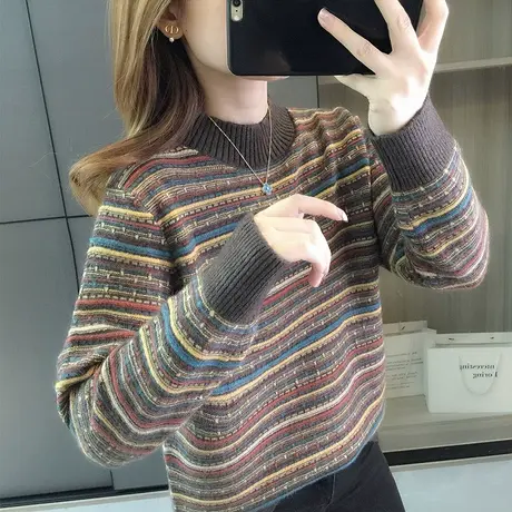 半高领毛衣加厚女士秋冬季2023新款条纹复古针织衫宽松打底衫上衣商品大图