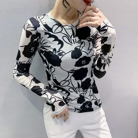 时尚网纱上衣女春秋设计感小众印花T恤长袖气质圆领打底衫内搭ins商品大图