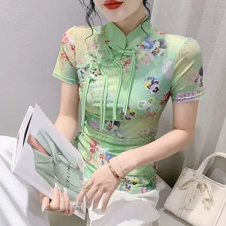 国潮复古盘扣短袖T恤女2024夏季新款气质时尚立领小衫网纱上衣潮图片