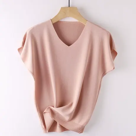 简约V领针织衫短袖女宽松蝙蝠衫冰丝短款夏季上衣女套头显瘦T恤商品大图