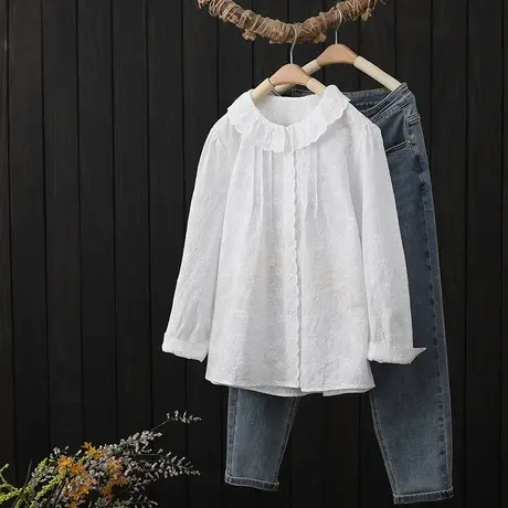 娃娃领衬衫女长袖春季2023新品文艺提花纯棉衬衣宽松显瘦打底上衣图片